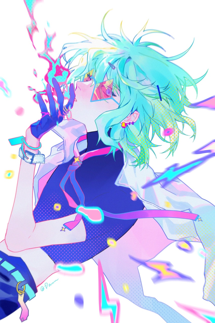 1boy, absurdres, belt, black_gloves, black_pants, black_shirt, blue-framed_eyewear, blue_belt