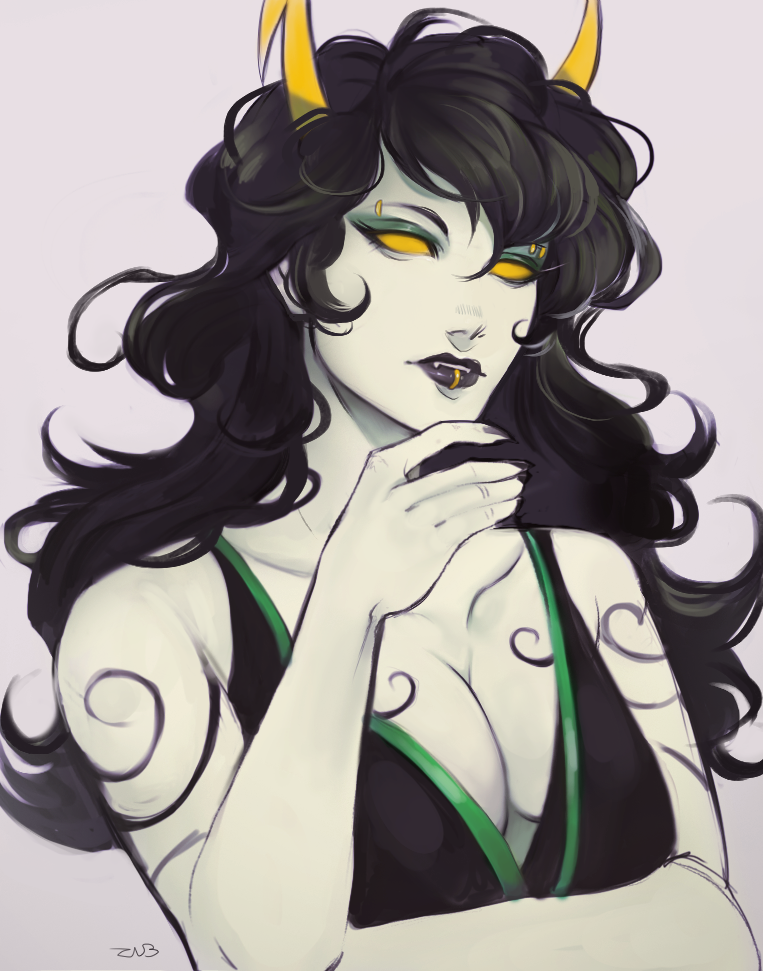 1girl, black_dress, black_hair, breasts, cleavage, colored_skin, dress, fangs