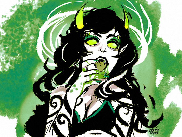 1girl, arm_tattoo, asymmetrical_horns, black_dress, black_hair, breasts, chest_tattoo, cleavage