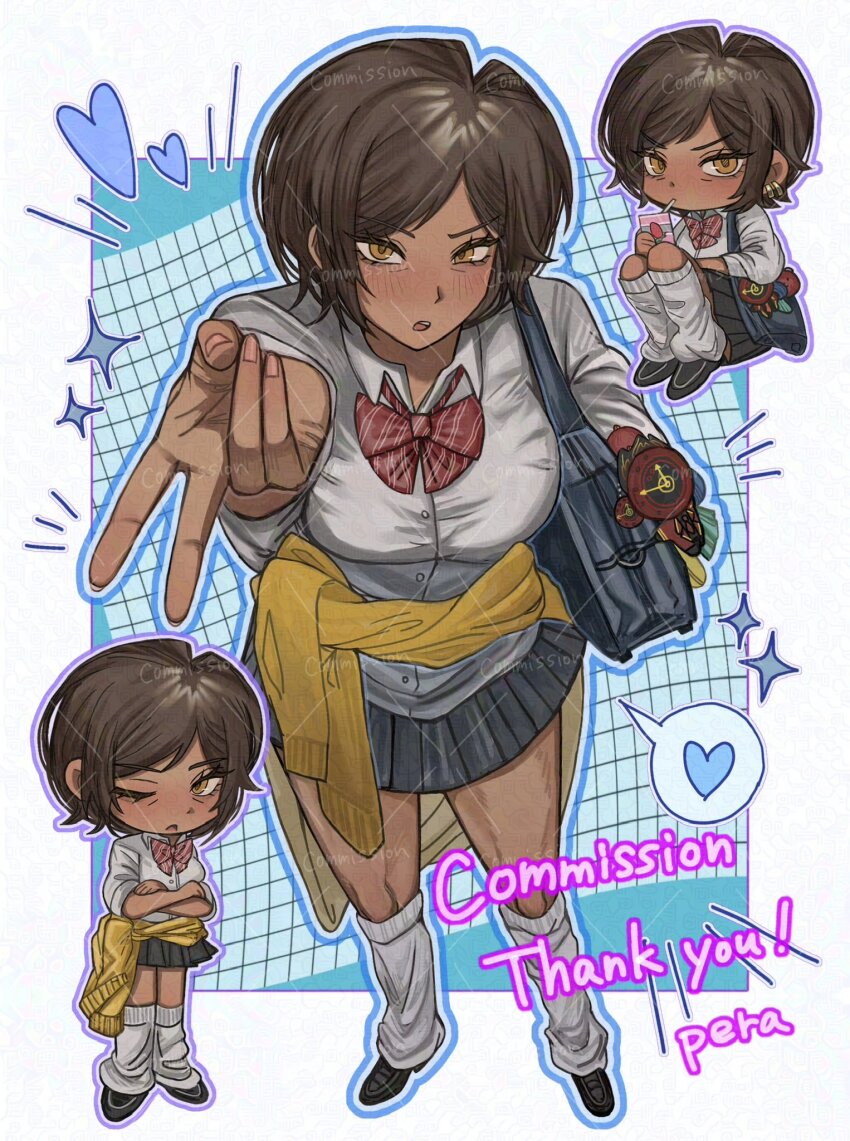 1girl, chibi, collared_shirt, dark-skinned_female, dark_skin, from_above, full_body, highres, latorta_il, limbus_company, looking_at_viewer, looking_up, loose_socks, outis_(project_moon), project_moon, school_uniform, shirt, sitting, socks, standing, v, white_shirt