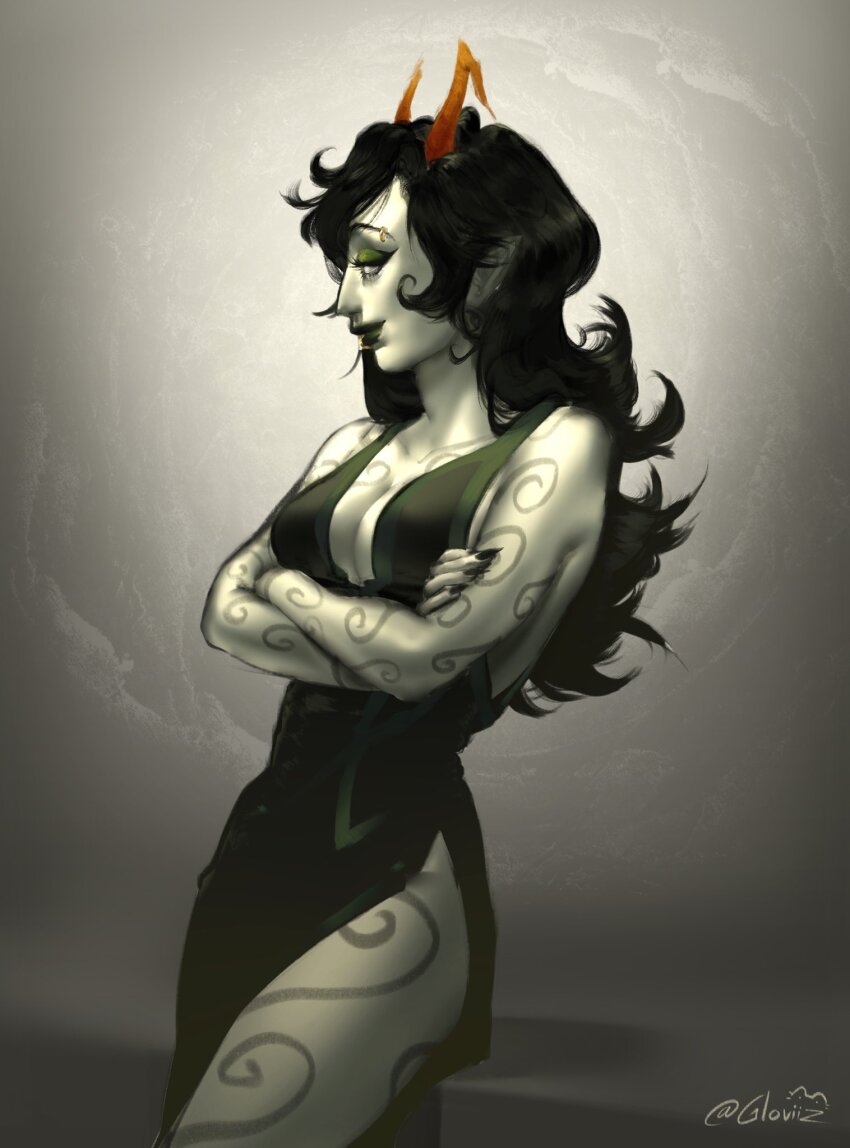 1girl, black_dress, black_hair, breasts, cleavage, colored_skin, dress, fangs