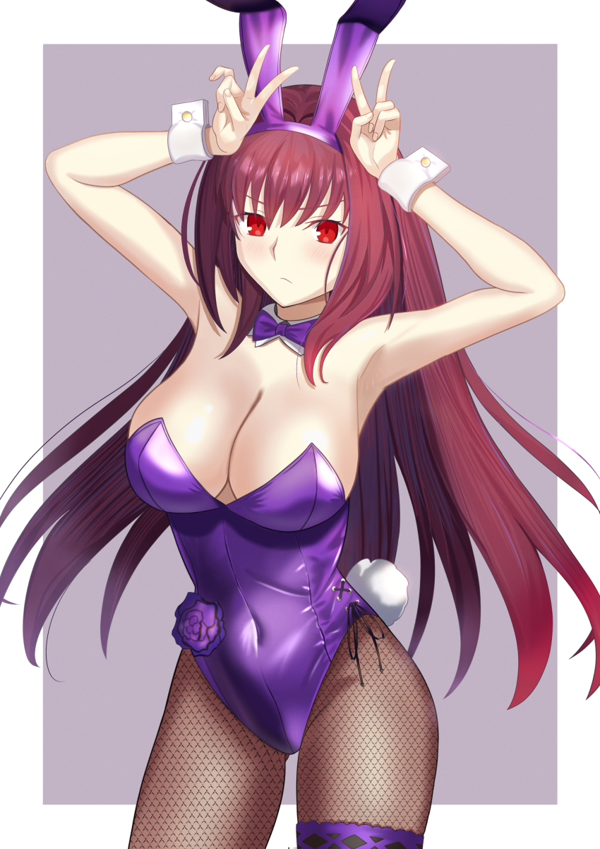 1girl, absurdres, animal_ears, cowboy_shot, double_v, fake_animal_ears, fake_tail, fate/grand_order, fate_(series), fishnet_pantyhose, fishnets, grey_background, highres, leotard, long_hair, pantyhose, playboy_bunny, purple_leotard, rabbit_ears, rabbit_tail, red_eyes, red_hair, scathach_(fate), scathach_(piercing_bunny)_(fate), solo, strapless, strapless_leotard, tail, v, yuzu_sanma