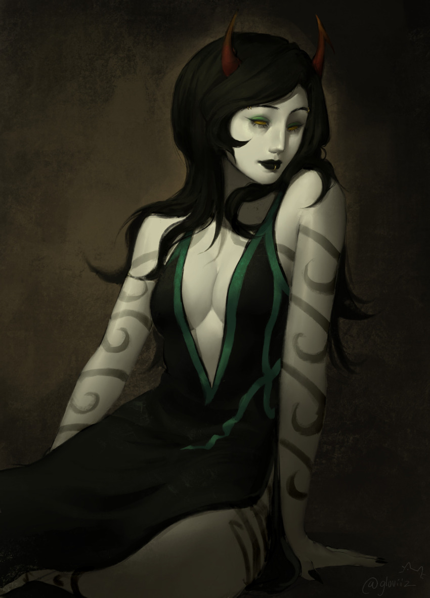1girl, black_dress, black_hair, breasts, cleavage, colored_skin, dress, fangs, gloviiz, green_eyes, highres, homestuck, long_hair, medium_breasts, porrim_maryam, solo, white_skin