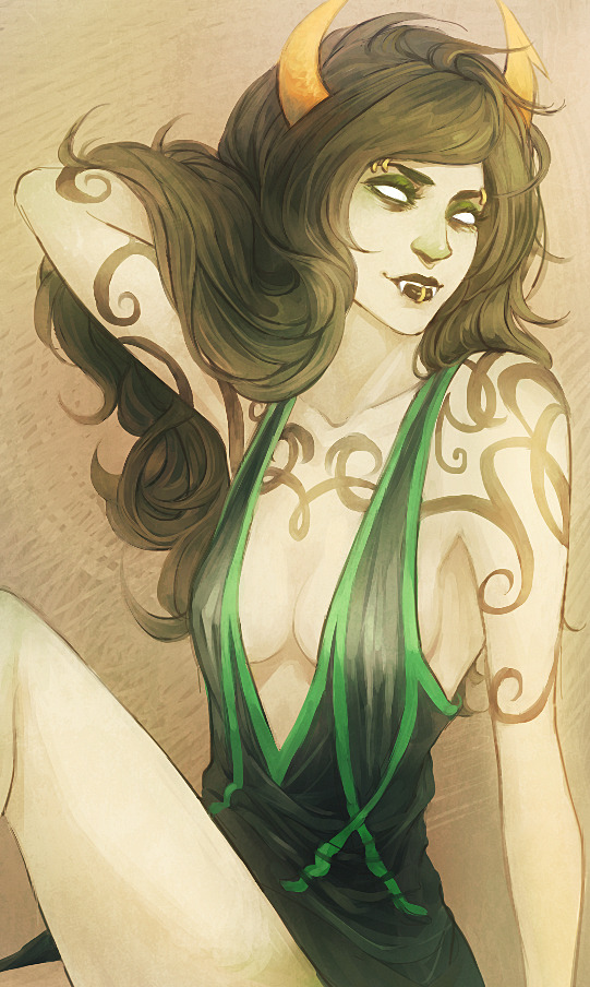 1girl, black_dress, black_hair, breasts, cleavage, colored_skin, dress, fangs