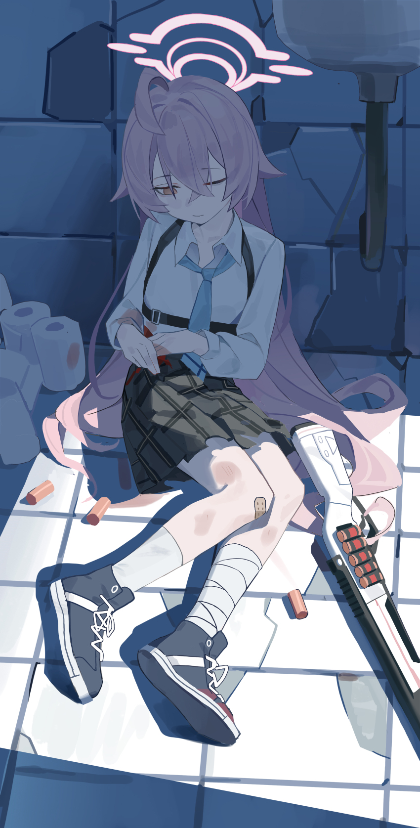 1girl, absurdres, against_wall, ahoge, bandaged_leg, bandages, bandaid, bandaid_on_knee
