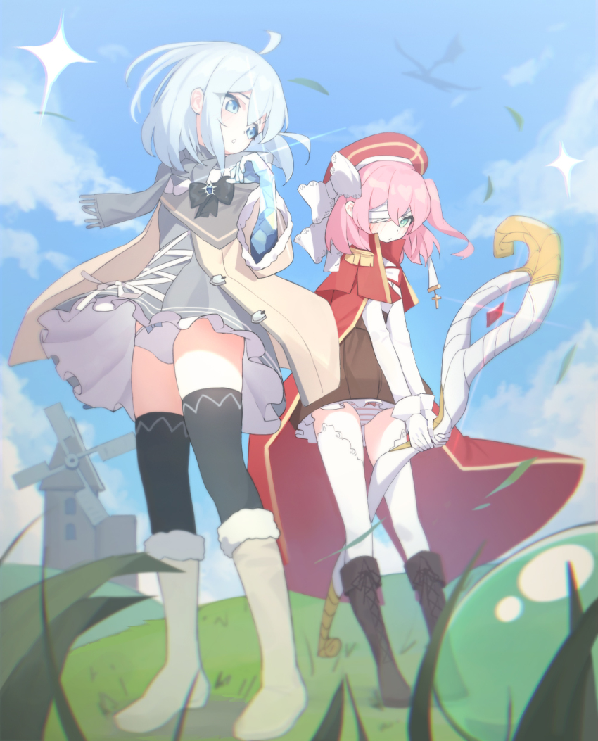 2girls, ahoge, black_bow, black_thighhighs, blue_eyes, blue_sky, blurry_edges, boots, bow, bow_panties, bright_pupils, brown_boots, brown_coat, brown_skirt, building, cape, closed_mouth, cloud, coat, commentary, crossed_bangs, crystal_arm, dot_nose, double-parted_bangs, dress, field, fur-trimmed_boots, fur_trim, glint, gloves, grass, green_eyes, grey_dress, grey_scarf, hair_between_eyes, hair_bow, hat, highres, holding, holding_staff, light_blush, long_bangs, long_sleeves, mage_staff, medium_hair, miniskirt, multiple_girls, nnn051821, one_eye_covered, one_side_up, open_clothes, open_coat, original, panties, pantyshot, parted_lips, pink_hair, pleated_skirt, red_cape, red_hat, scarf, shirt, shirt_tucked_in, short_dress, skirt, sky, sparkle, staff, striped_clothes, striped_panties, thighhighs, turning_head, underwear, upskirt, white_bow, white_gloves, white_hair, white_panties, white_pupils, white_shirt, white_thighhighs, wind, windmill