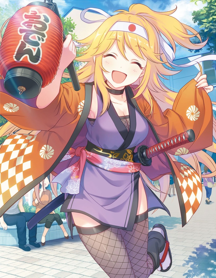 1girl, ^_^, armpit_peek, black_choker, blonde_hair, breasts, checkered_clothes, checkered_jacket