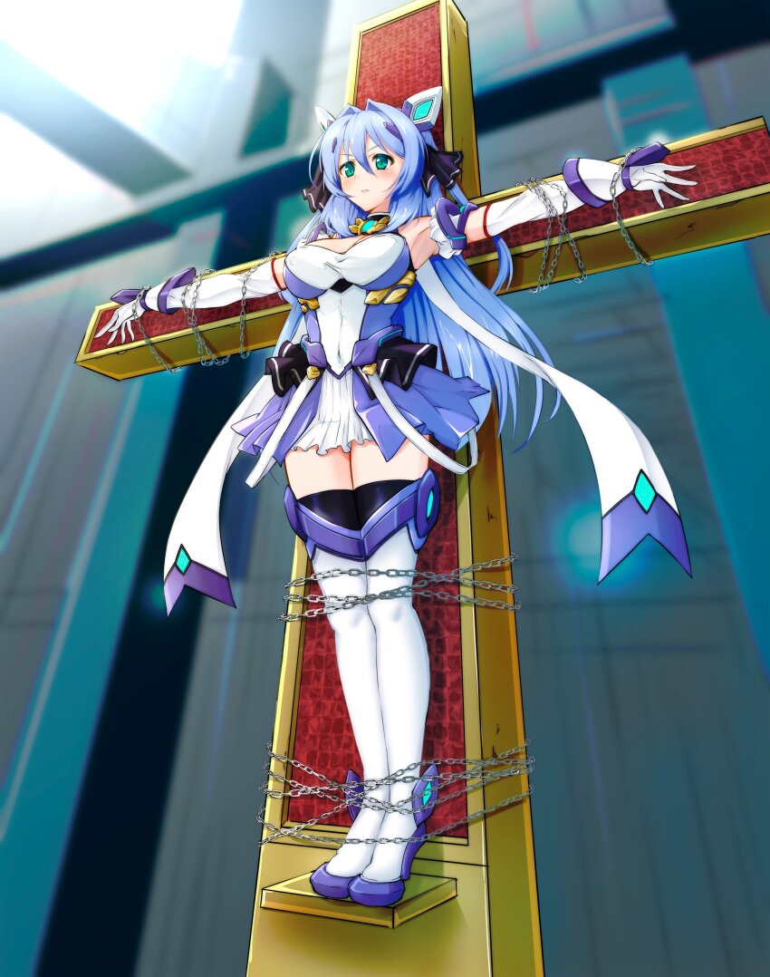 1girl, absurdres, aqua_eyes, armpits, bdsm, blue_eyes, blue_hair, blurry, blurry_background, blush, bondage, boots, bound, bound_legs, breasts, chain, chained, cleavage, cleavage_cutout, closed_mouth, clothing_cutout, commission, covered_navel, cross, crucifixion, dress, elbow_gloves, exs-tia_(kouyoku_senki_exs-tia_3), frills, full_body, gloves, green_eyes, hair_between_eyes, highres, katsuragi_marina, kouyoku_senki_exs-tia, large_breasts, long_hair, magical_girl, outstretched_arms, restrained, short_dress, skeb_commission, skirt, solo, spread_arms, standing, stationary_restraints, thigh_boots, thighhighs, very_long_hair, white_gloves, white_thighhighs, zettai_ryouiki