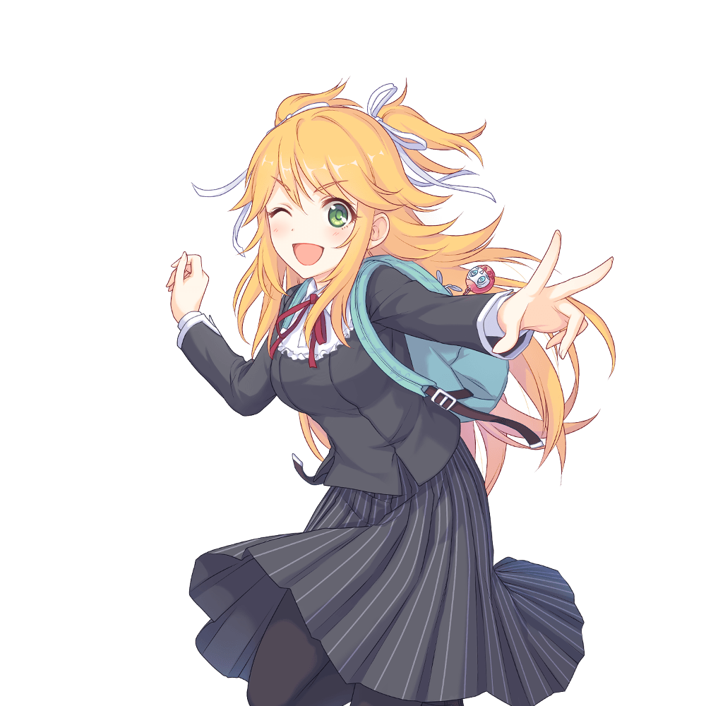 1girl, :d, backpack, bag, black_pantyhose, black_shirt, black_skirt, blonde_hair, breasts, collared_shirt, cowboy_shot, dutch_angle, floating_clothes, floating_hair, gradient_background, green_eyes, hair_ribbon, hand_up, holding_strap, long_hair, long_sleeves, looking_at_viewer, medium_breasts, neck_ribbon, ninon_(princess_connect!), ninon_(real)_(princess_connect!), official_art, one_eye_closed, open_mouth, ourindou_private_high_school_uniform, pantyhose, princess_connect!, red_ribbon, ribbon, school_uniform, shirt, sidelocks, skirt, smile, solo, standing, standing_on_one_leg, striped_clothes, striped_skirt, tachi-e, transparent_background, two_side_up, white_ribbon, white_shirt