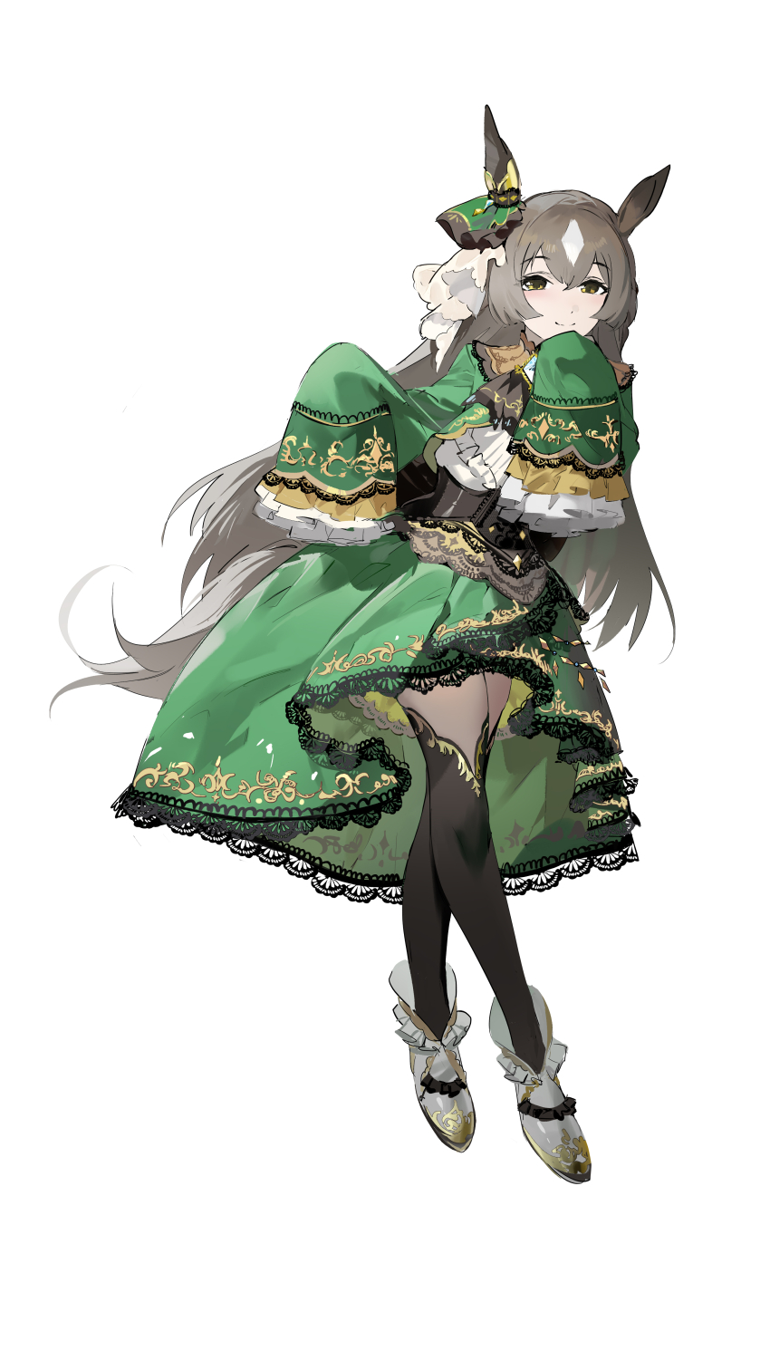 1girl, absurdres, animal_ears, black_corset, black_ribbon, black_thighhighs, bow, braid, brown_hair, corset, double-parted_bangs, dress, ear_covers, ear_ribbon, frilled_shoes, frilled_sleeves, frills, green_dress, green_eyes, hair_between_eyes, hako_(misheyes), half_up_braid, hand_on_own_chin, hands_up, highres, horse_ears, horse_girl, horse_tail, layered_dress, layered_sleeves, long_hair, ribbon, satono_diamond_(umamusume), shoes, simple_background, single_ear_cover, sleeves_past_fingers, sleeves_past_wrists, solo, tail, thighhighs, umamusume, very_long_hair, white_background, white_hair, white_ribbon, white_shoes