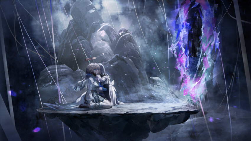 1girl, 2girls, angel_wings, arcaea, artist_request, bandage_on_face, bandages, bandaid