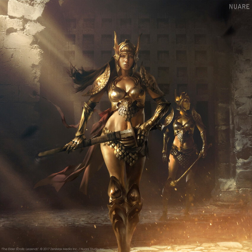 2girls, absurdres, armor, armored_boots, bad_artstation_link, bad_link, black_hair, boobplate