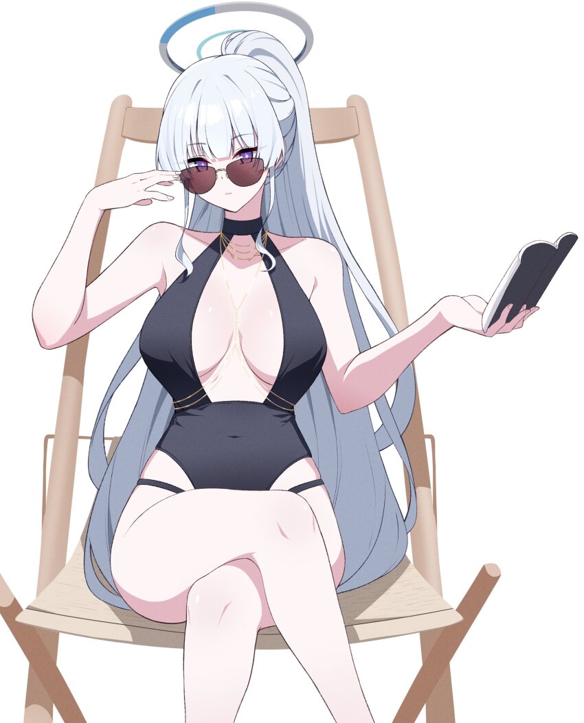 1girl, black_one-piece_swimsuit, blue_archive, book, breasts, cosplay, covered_navel, crossed_legs