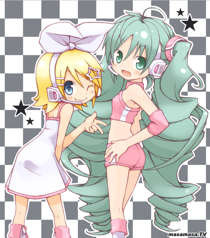 2girls, blonde_hair, checkered_background, dress, green_eyes, green_hair, hair_ornament, hair_ribbon