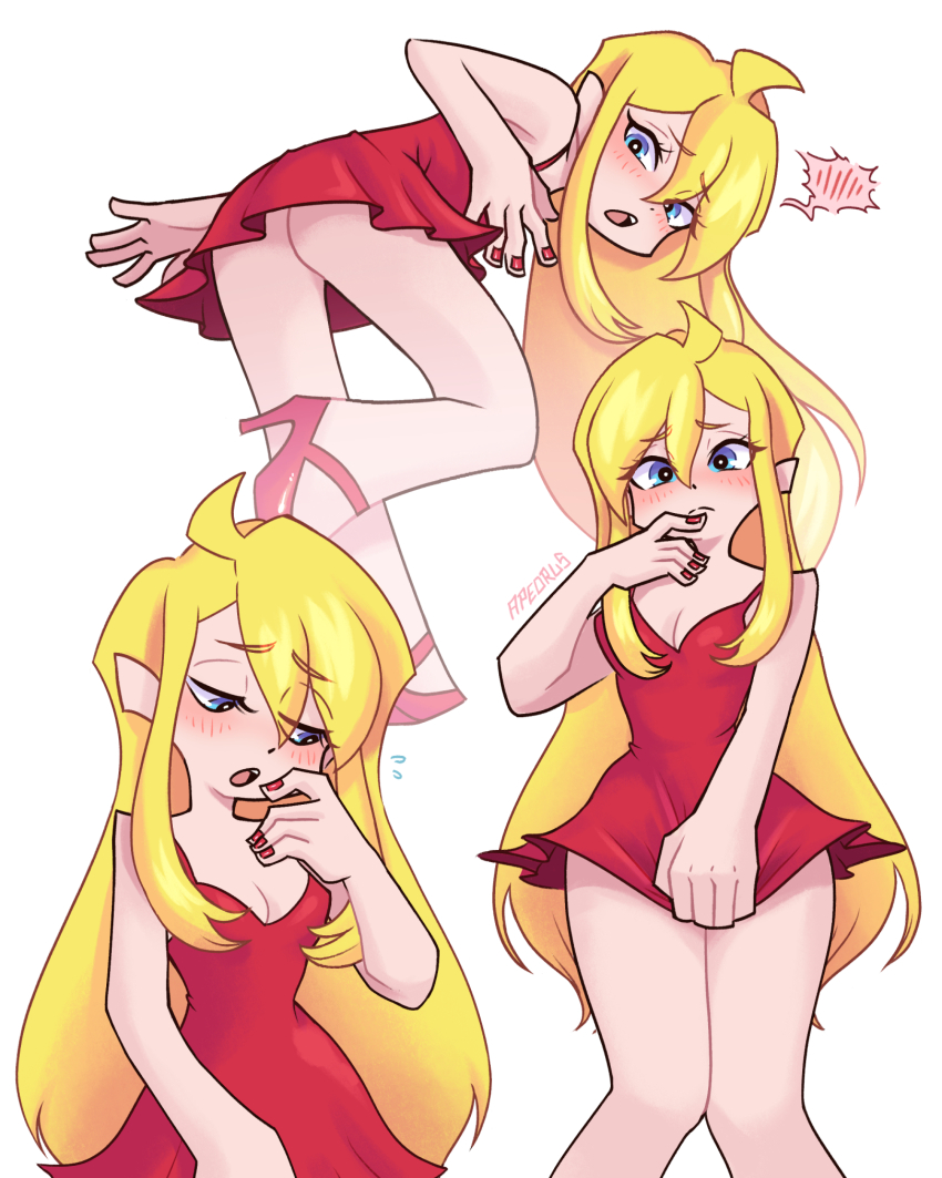 1girl, apeorus, artist_name, blonde_hair, blue_eyes, blush, breasts, cleavage