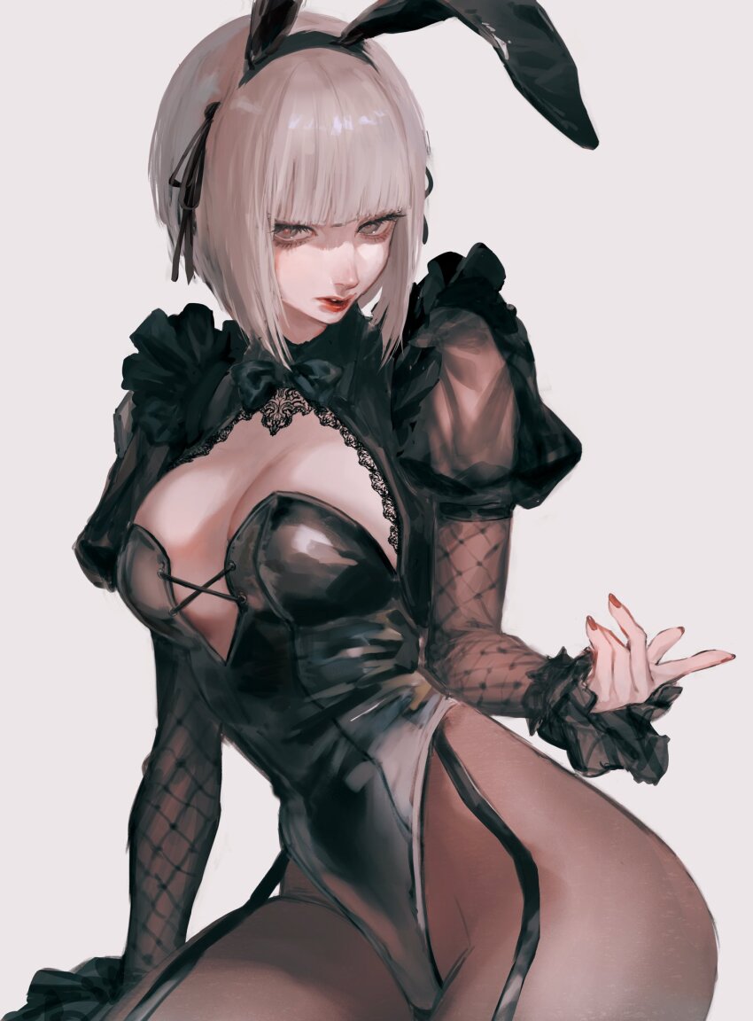 1girl, animal_ear_hairband, animal_ears, arm_support, black_leotard, black_pantyhose, breasts, character_request