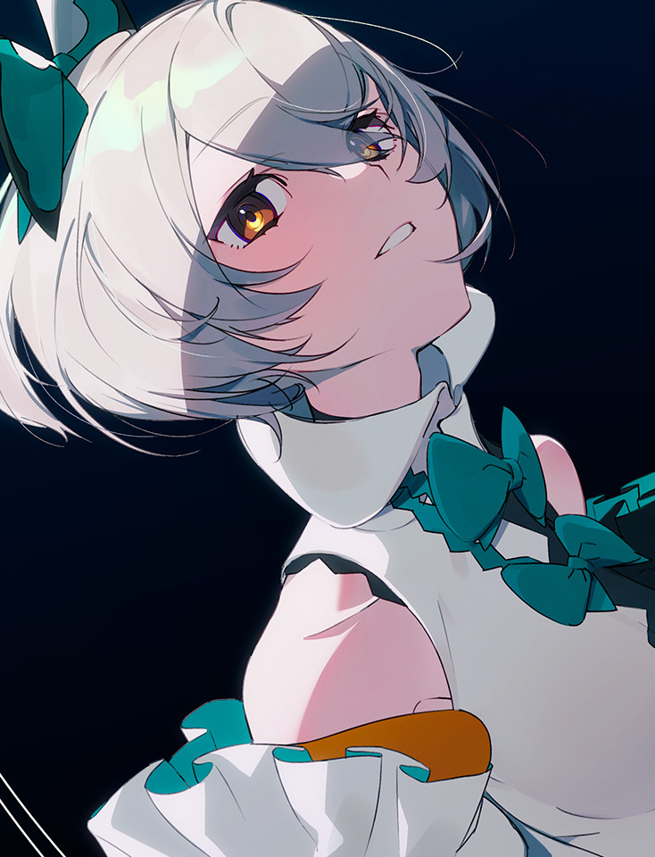 1girl, arcaea, artist_request, ayu_(arcaea), bare_shoulders, black_sleeves, bow, collar, detached_sleeves, from_side, game_cg, green_bow, grey_hair, looking_at_viewer, non-web_source, parted_lips, shaded_face, shirt, short_hair, solo, upper_body, white_collar, white_shirt, white_sleeves, yellow_eyes