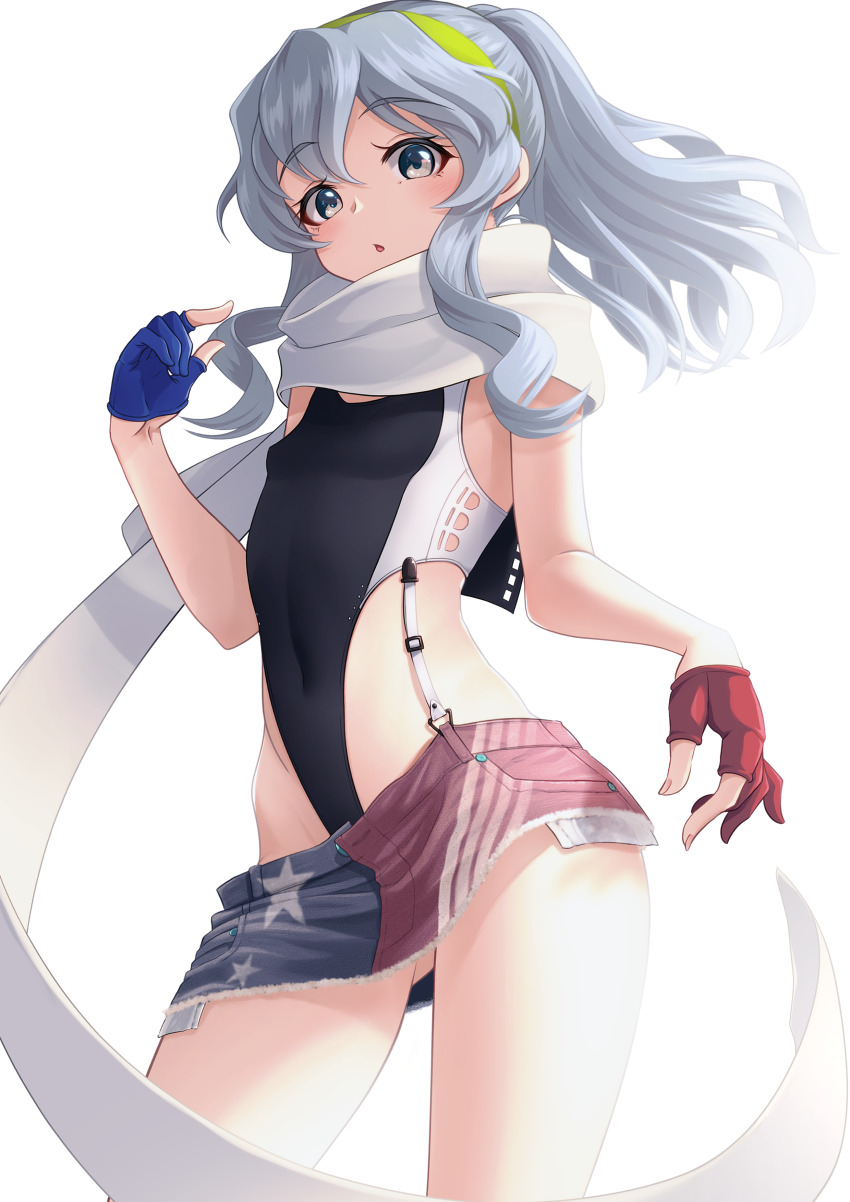 1girl, absurdres, american_flag, american_flag_print, american_flag_skirt, asymmetrical_gloves, black_one-piece_swimsuit, blue_gloves