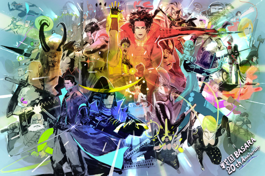 1other, 6+boys, 6+girls, akechi_mitsuhide_(sengoku_basara), anniversary, armor, azai_nagamasa_(sengoku_basara), beard