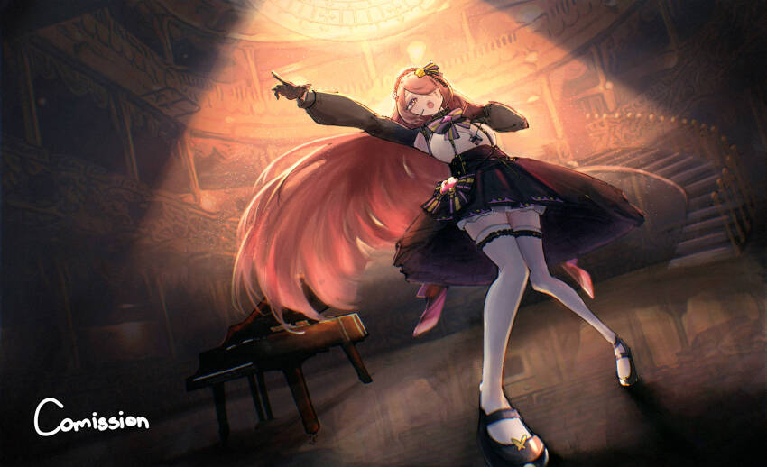 1girl, black_bow, black_gloves, black_shoes, black_skirt, bow, brown_eyes, brown_hair