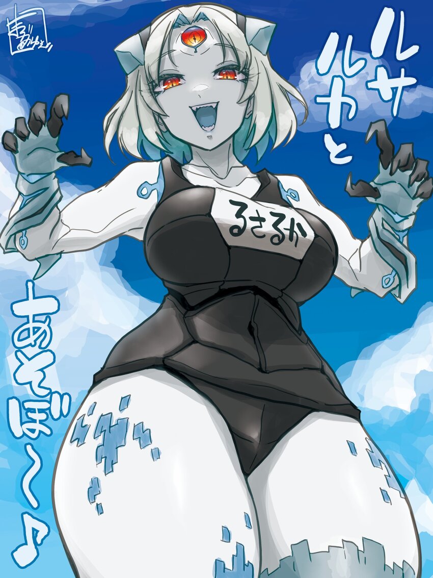 1girl, :d, absurdres, artist_name, assault_lily, bare_shoulders, black_one-piece_swimsuit, blue_sky