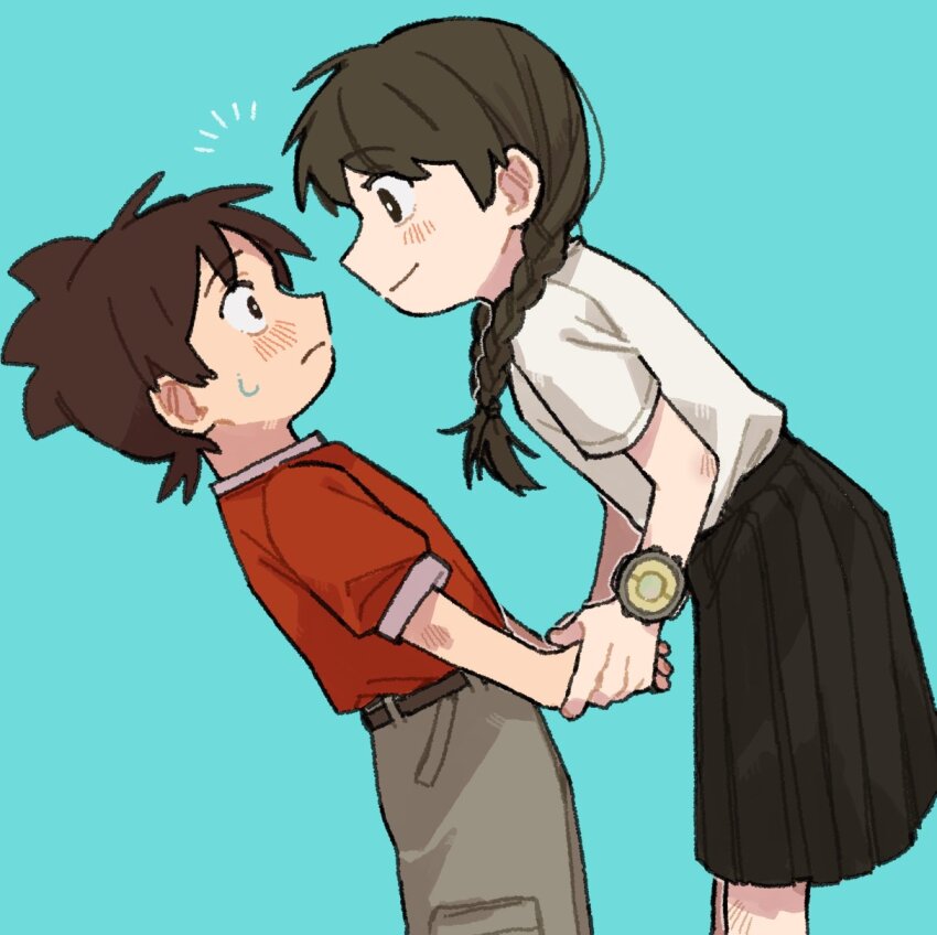 1boy, 1girl, 5kiro_karoli, amano_keita, amano_natsume, black_hair, black_skirt, blue_background