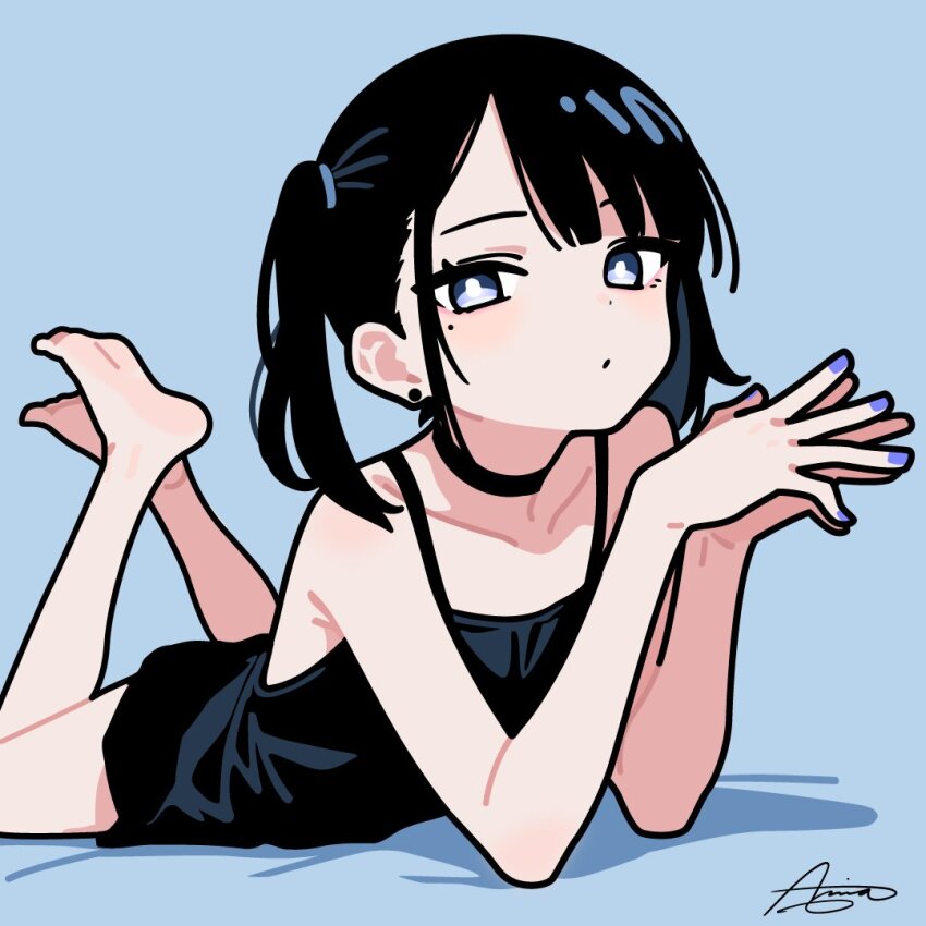 1girl, ameniwa, black_chemise, black_choker, black_dress, blue_background, chemise, choker