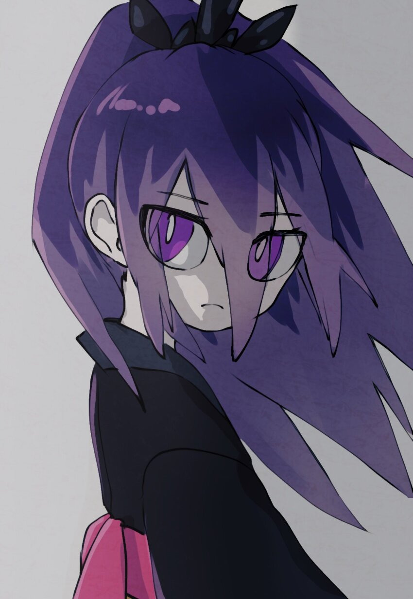 1girl, black_kimono, bright_pupils, grey_background, highres, hyakkihime, japanese_clothes, kimono, long_hair, looking_at_viewer, purple_eyes, purple_hair, simple_background, upper_body, white_pupils, yachiruuun, youkai_(youkai_watch), youkai_watch