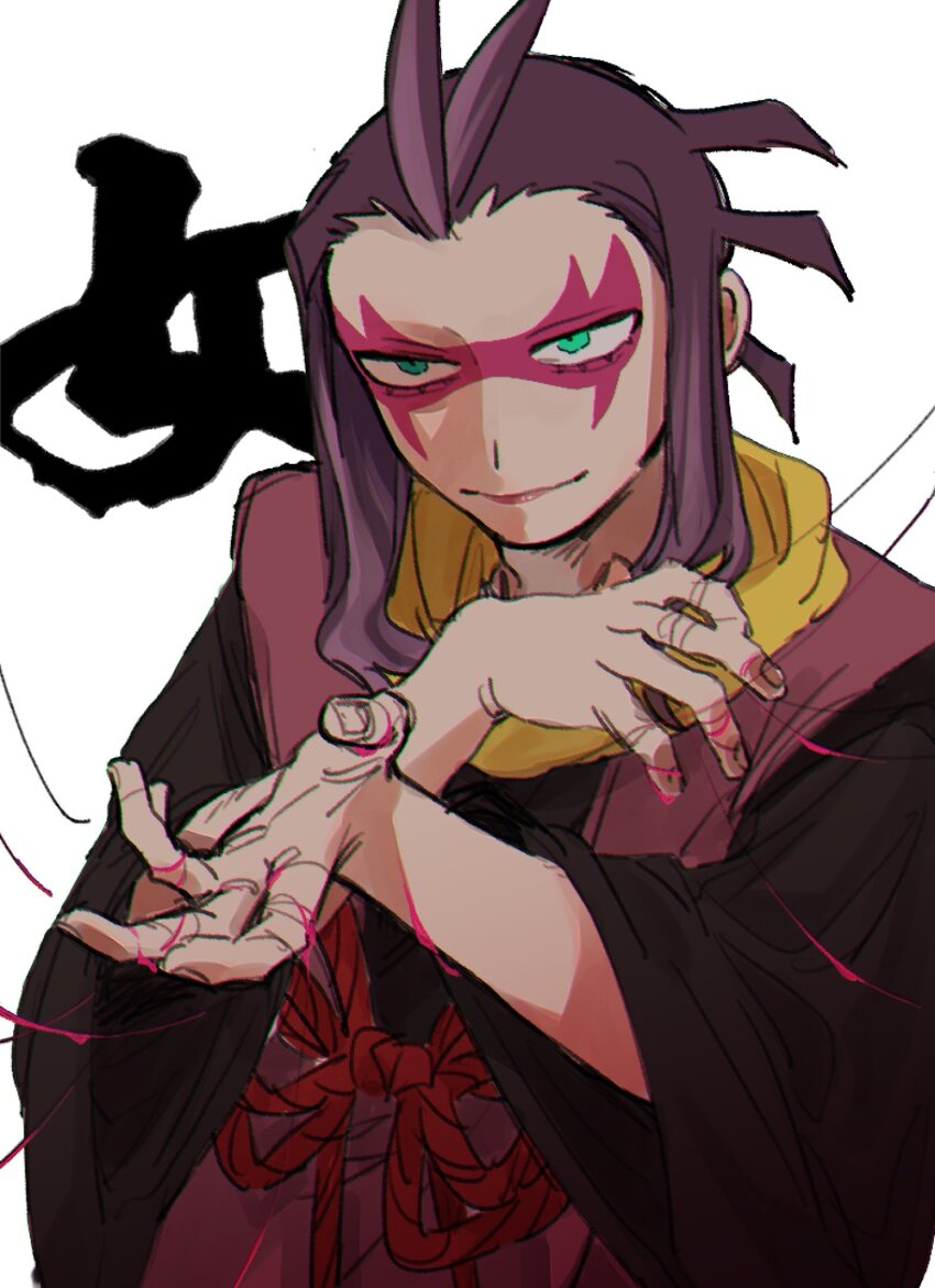 1boy, 5kiro_karoli, green_eyes, highres, japanese_clothes, jorougumo_(youkai_watch), looking_at_viewer, purple_hair