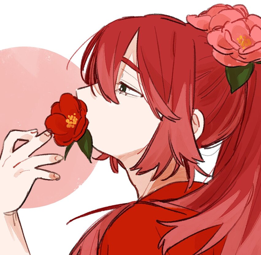 1girl, 5kiro_karoli, flower, flower_in_mouth, from_side, hair_flower, hair_ornament, highres