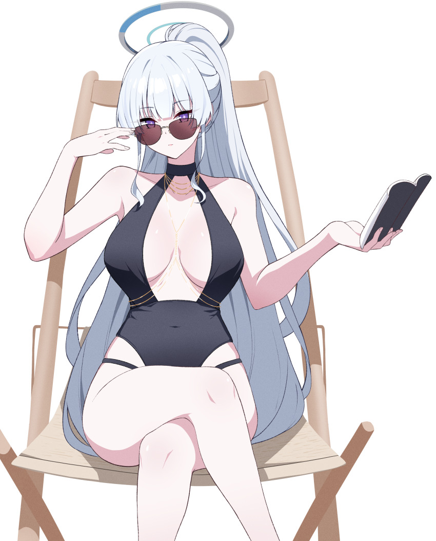 1girl, absurdres, black_one-piece_swimsuit, blue_archive, book, breasts, commentary_request, cosplay