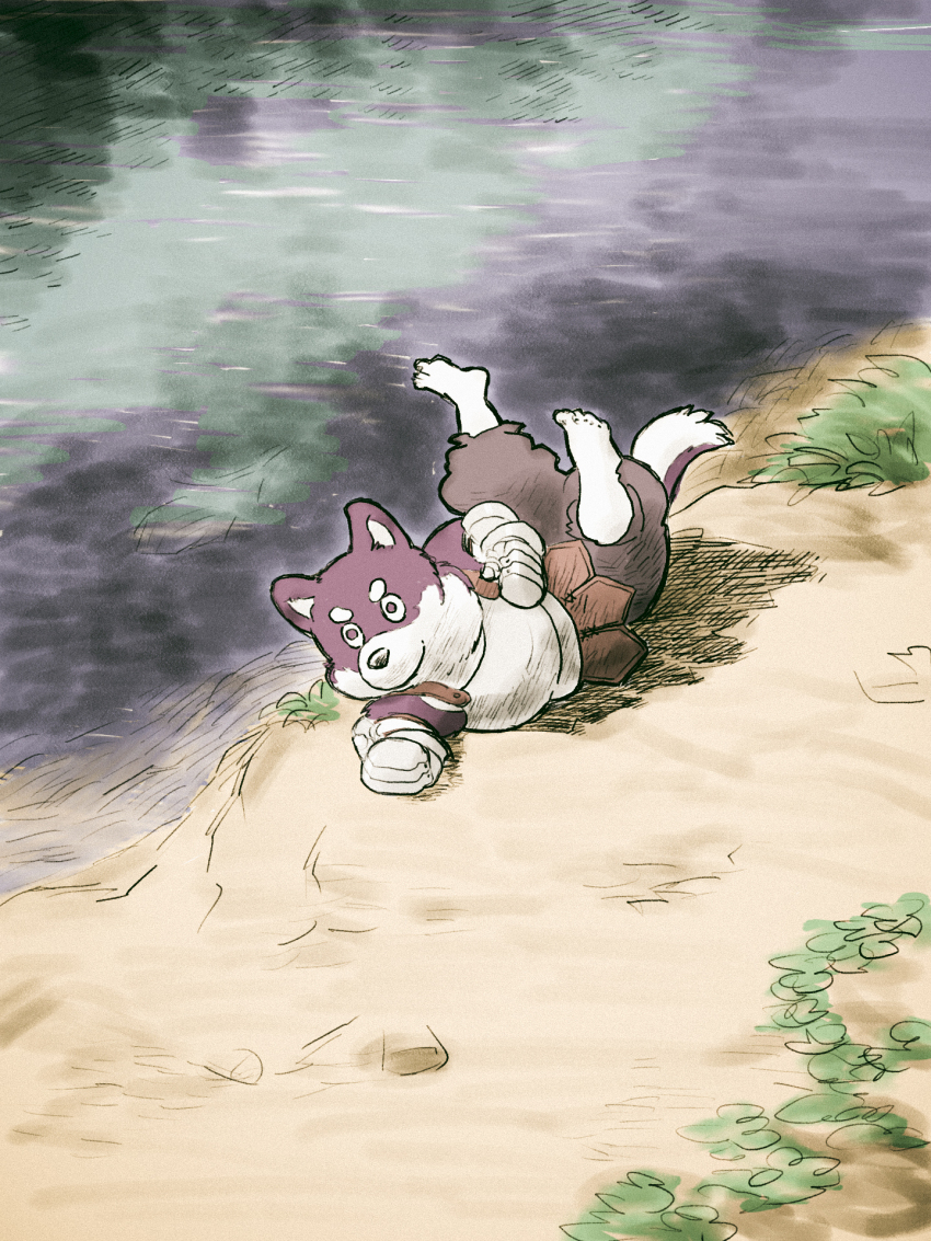 1boy, animal_ears, armor, black_fur, dog-nose, dog_ears, dog_tail, dungeon_meshi, furry, furry_male, highres, kobold, kuro_(dungeon_meshi), looking_at_viewer, male_focus, masa-san, multicolored_fur, no_mouth, on_ground, river, symbol-shaped_pupils, tail, tripping, white_fur