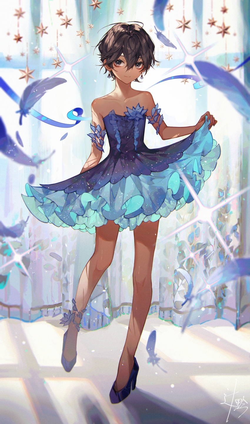 1boy, absurdres, aged_down, arjuna_(fate), ballerina, black_eyes, black_hair, blue_dress, crossdressing, crossdressing_(mtf), dark-skinned_male, dark_skin, dress, earrings, falling_feathers, fate/grand_order, fate_(series), feathers, full_body, hair_between_eyes, highres, holding_own_dress, jewelry, looking_at_viewer, looking_back, male_focus, short_hair, smile, solo, sqloveraven, standing, standing_on_one_leg, strapless, strapless_dress, trap