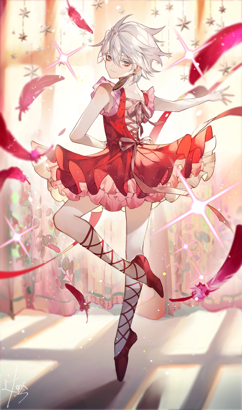 1boy, absurdres, aged_down, ballerina, ballet, ballet_slippers, blue_eyes, crossdressing, crossdressing_(mtf), dress, earrings, en_pointe, eyeshadow, eyeshadow_under_eye, falling_feathers, fate/grand_order, fate_(series), feathers, hair_between_eyes, highres, jewelry, karna_(fate), looking_at_viewer, looking_back, makeup, male_focus, pale_skin, red_dress, red_eyeshadow, short_hair, smile, solo, sqloveraven, trap, white_hair