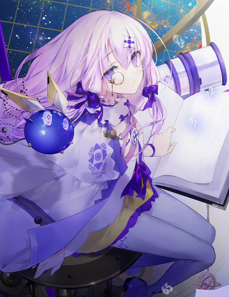 1girl, arcaea, bare_shoulders, book, bow, braid, charon_(arcaea), cierra_(ra-bit)