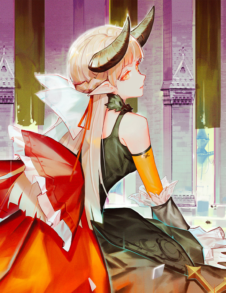 1girl, arcaea, bare_shoulders, blonde_hair, bodice, bow, braid, breasts