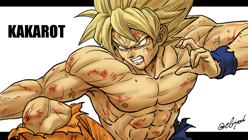 1boy, abs, black_border, blonde_hair, blood, blood_on_body, blood_on_chest, blood_on_clothes