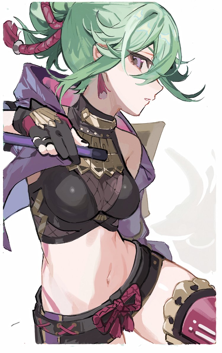 1girl, black_gloves, black_nails, black_shorts, breasts, crop_top, earrings, fishnets