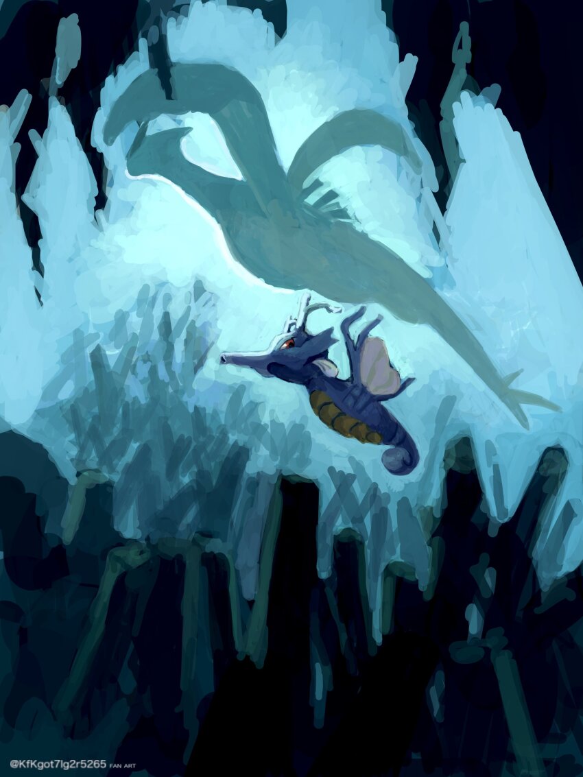 absurdres, artist_name, blue_theme, fins, fish, flying, from_below, gen_2_pokemon