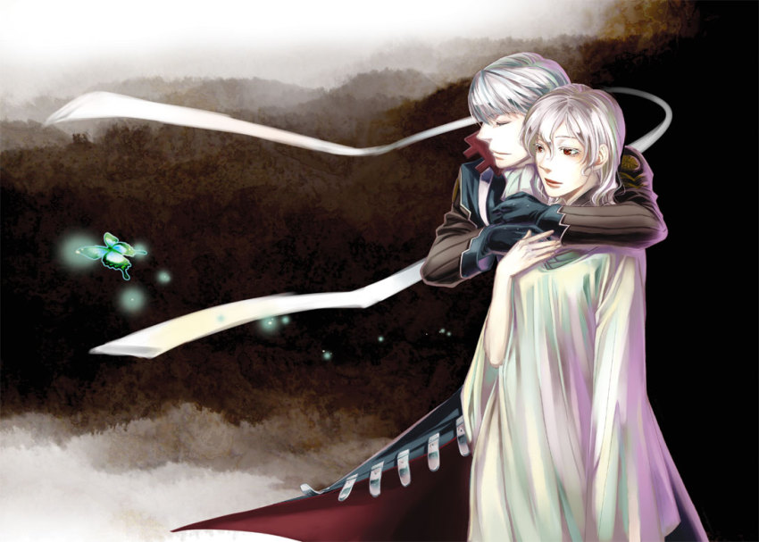 1boy, 1girl, atlus, bug, butterfly, closed_eyes, cosplay, couple