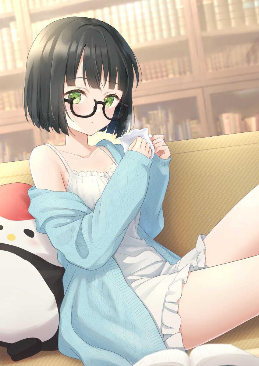 1girl, absurdres, armpit_crease, bespectacled, black_hair, blue_cardigan, blunt_bangs, blunt_ends
