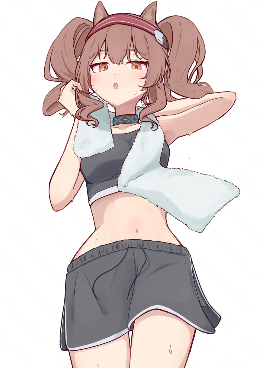 1girl, absurdres, angelina_(arknights), animal_ears, arknights, barurun_pen, black_choker, black_shorts