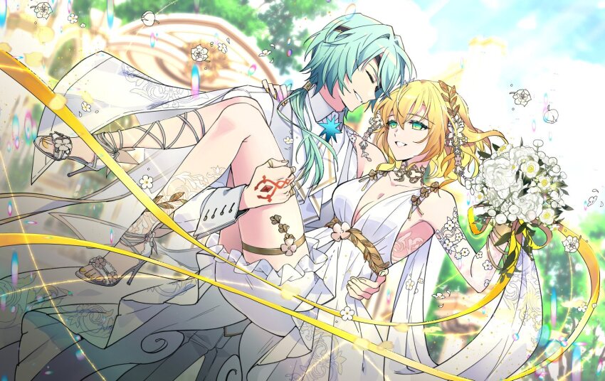 1boy, 1girl, aglaea_(honkai:_star_rail), anaxa_(honkai:_star_rail), arm_tattoo, blonde_hair, bouquet, breasts, carrying, cleavage, commission, couple, dress, flower, green_eyes, green_hair, hetero, high_heels, holding, holding_bouquet, honkai:_star_rail, honkai_(series), large_breasts, laurel_crown, lovechro, medium_hair, nail_polish, outdoors, pants, princess_carry, red_tattoo, second-party_source, shirt, short_hair, smile, tattoo, toenail_polish, toenails, toes, wedding, wedding_dress, white_dress, white_pants, white_shirt