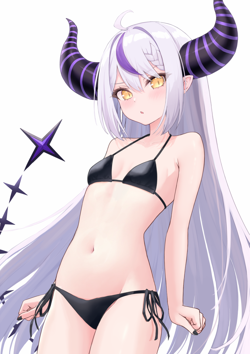 1girl, ahoge, bikini, black_bikini, black_horns, black_nails, braid, braided_bangs