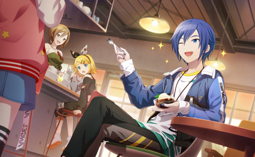 1boy, 3girls, :d, ;d, affogato, aqua_eyes, azusawa_kohane, black_bow