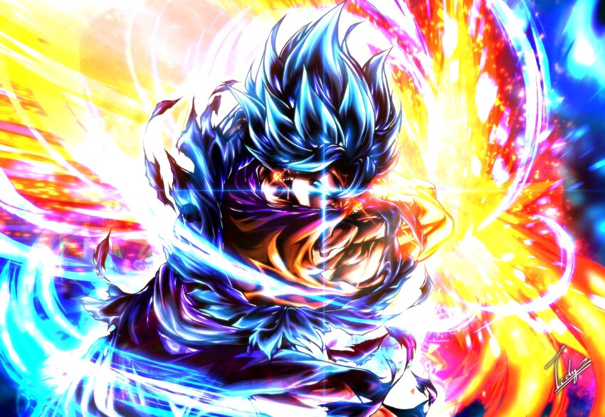 1boy, absurdres, arm_blade, blue_eyes, blue_hair, blue_pants, blue_shirt, dougi