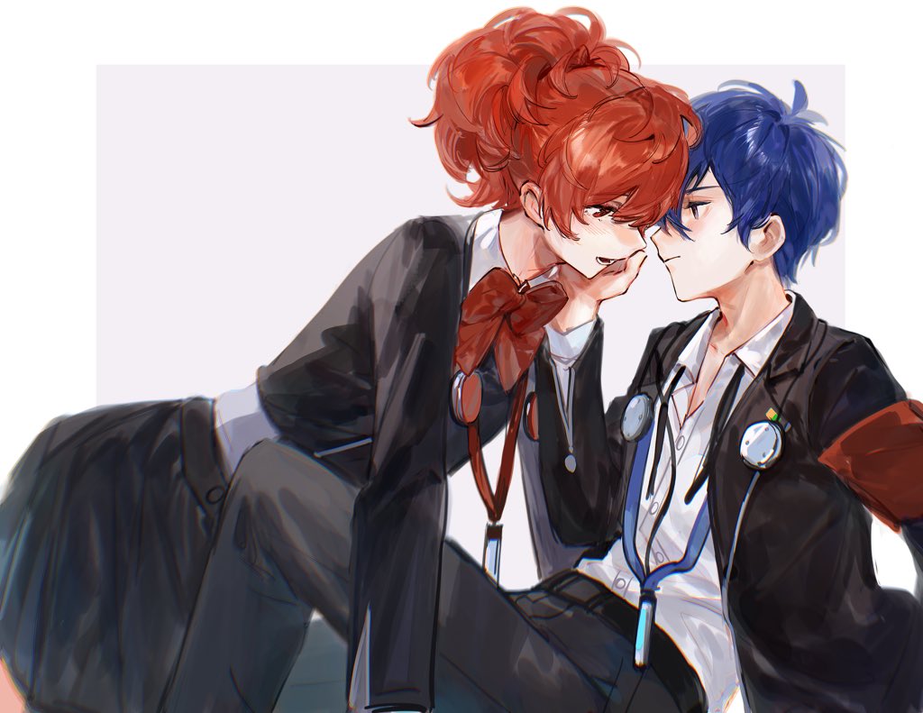 1boy, 1girl, black_jacket, black_skirt, blue_hair, bow, bowtie, brown_hair