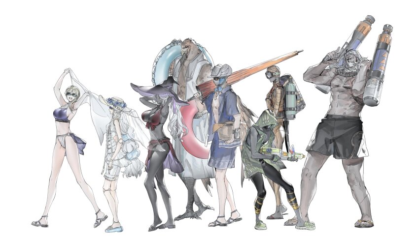 3girls, 5boys, abs, beard, bikini, black_skin, blue_shirt, breasts, cleavage, colored_skin, crocs, dark_skin, dress, duchess_(elden_ring), elden_ring, elden_ring_nightreign, executor_(elden_ring), facial_hair, grey_skin, grin, guardian_(elden_ring), hat, highres, holding, holding_water_gun, innertube, ironeye_(elden_ring), large_breasts, large_hat, long_hair, multiple_boys, multiple_girls, picnic_basket, purple_hat, raider_(elden_ring), recluse_(elden_ring), revenant_(elden_ring), riio, scuba, shirt, smile, swim_ring, swimsuit, very_dark_skin, water_gun, white_hair, witch, witch_hat, wylder_(elden_ring)