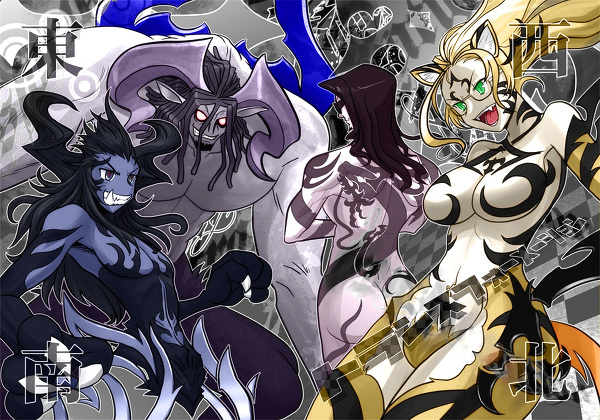 2boys, 2girls, animal_ears, furry, glasses, higashizawa_yodai, horns, kitaniji_megumi