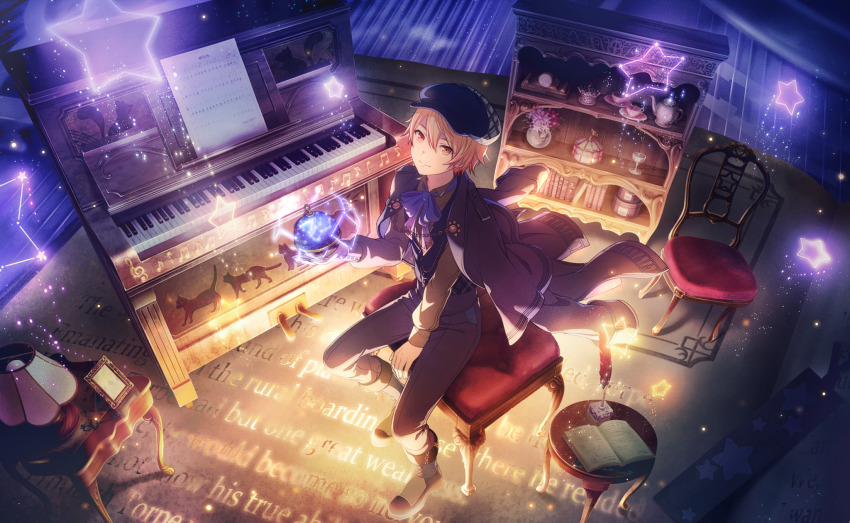 1boy, black_hat, black_jacket, black_pants, black_shoes, blonde_hair, book, bow